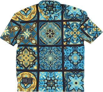 Dolly Noire Blauw patroon Oversized korte mouw overhemd - Heren - Korte mouwen Overhemden - Veelkleurig - S - Polyester - Overhemden