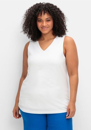 Sheego Tanktop SHEEGO, Damen, Gr. 40, weiss (wei&szlig;), 50% Baumwolle, 50% Modal, unifarben, V-Ausschnitt, Tops Tanktop