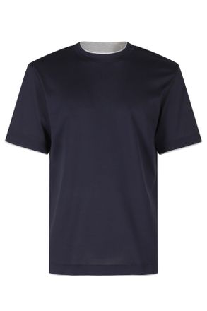 Eleventy Deep Navy Light Grey Trim Cotton T-Shirt