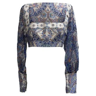 Zimmermann Paisley-Print Long Sleeve Cropped Top in Multicolor Linen