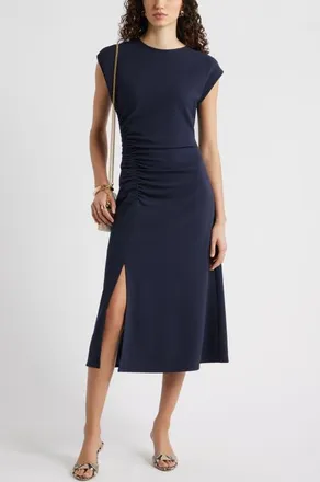 Nordstrom Side Ruched Knit Midi Dress in Navy Night at Nordstrom, Size Xx-Small