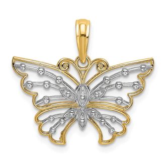 Diamond2Deal 14k Yellow Gold Rhodium Diamond-cut Butterfly Charm