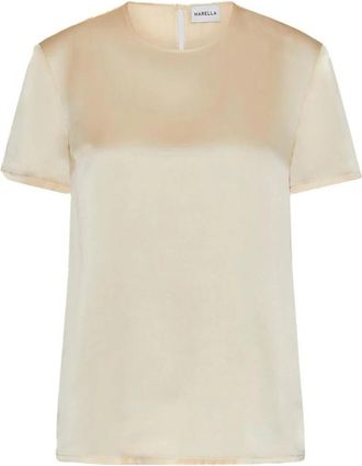 Marella Zijden Top met Korte Mouwen - Dames - Blouses - Beige - 2XS - Overhemden
