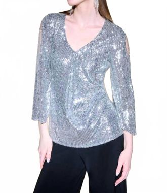 Joseph Ribkoff Sequin Bell Sleeve Flared Top In Silver/grey Silver