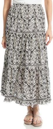 Max Studio Floral Wreath Print Tiered Cotton Blend Maxi Skirt in Bkcmbqwv-Black/Cream at Nordstrom Rack, Size X-Small