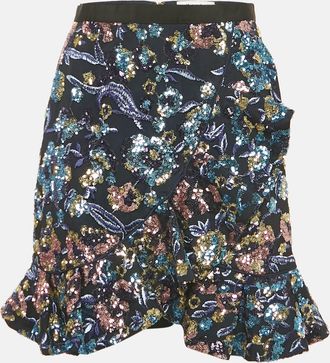 Self Portrait Blue Floral Sequin & Mesh Mini Skirt