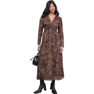 Warehouse Plunge Neck Waisted Midi Dress in Animal at Nordstrom, Size 12P