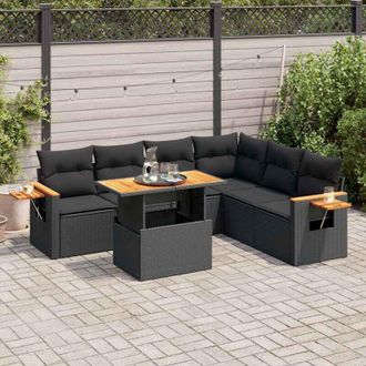 vidaXL Set Sof&aacute;s Jard&iacute;n Y Cojines 7 Pzas Rat&aacute;n Sint&eacute;tico Acacia Negro Vidaxl