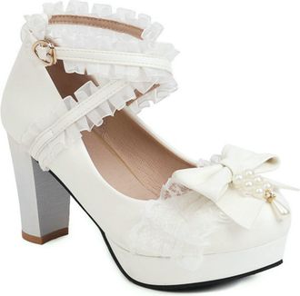 Generic Womens Lolita Style Pumps Block Heel Platform Shoes Lace Cross Strap Heels with Bow,White,7.5 UK