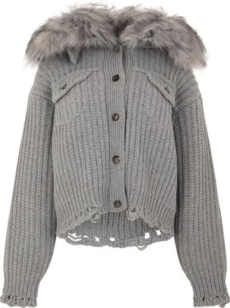 Blumarine Cardigan met bontkraag - Dames - Vesten - Grijs - M - Wol - Truien & Vesten