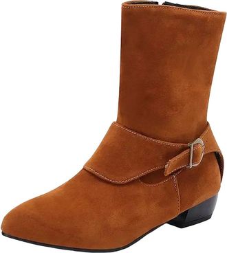 Generic Womens Leisure Mid Calf Boots Pointed Toe Low Block Heel Slip On With Platform And Decorative Belt Buckle