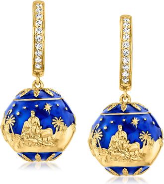 Ross-Simons White Topaz and Blue Enamel Nativity Hoop Drop Earrings in 18kt Gold Over Sterling
