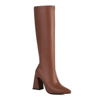 Generic Womens Slim Stretch Knee High Boots Pointed Toe Chunky Heels Pull On Winter Wedding Dating Casual Dress Shoes (Brown,7.5)