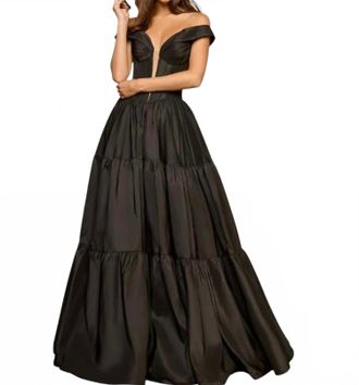Sherri Hill Off The Shoulder Ballgown With Deep V Illusion In Black