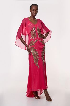 Karen Millen Womens Tall Feather Embellished Woven Cape Sleeve Maxi Dress - Pink - Size 14 UK