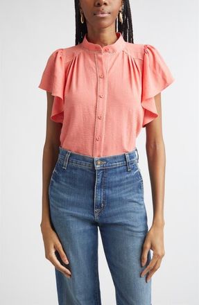 Ramy Brook Aurora Ruffle Sleeve Button Front Shirt in Coral at Nordstrom, Size Xx-Large