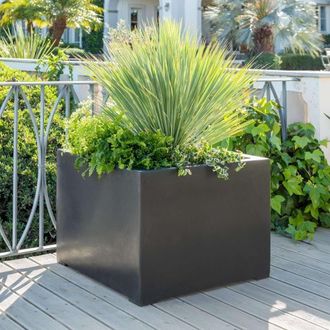 PRIMROSE Titanic Black Polystone Stone Effect Cube Planter 70cm