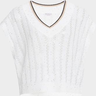 Brunello Cucinelli V-Neck Tipped Linen Paillette Lattice Knit Sweater