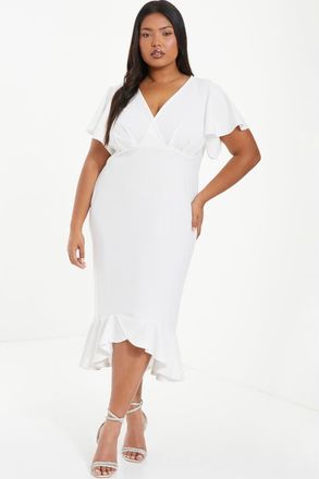 Quiz V-Neck Frill Hem Midi Dress in White at Nordstrom, Size 22W