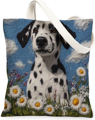 Generic Spring Dalmatian Dog Canvas Tote Bag for Shopping 13x15, Knitting Style Garden Puppy Reusable Grocery Print Pattern Bag for Women, Fun Pet Beach Aesth