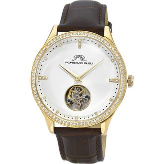 Porsamo Bleu William Automatic Tourbillon Croc Embossed Leather Strap Watch, 45mm in Brown at Nordstrom Rack