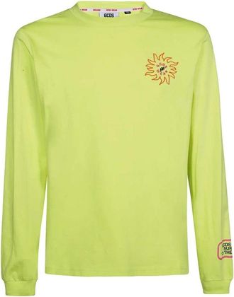 GCDS Katoenen T-shirt met Voorkant Borduurwerk - Heren - Longsleeves - Groen - 2XL - Katoen - Tops