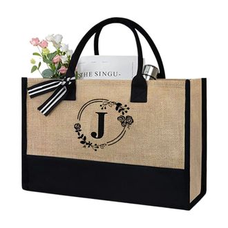 Generic Fiorky Initial Jute Tote Bag, Personalized Present Bag, Jute Bag Shopper Summer Beach Bag Handbag with Letter for Wedding, Birthday, Beach, Gift for T