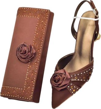 Generic Womens Wedding Stiletto High Heel Shoes and Evening Handbag Set Sparkly Rhinestone Handmade Flowers Decoration