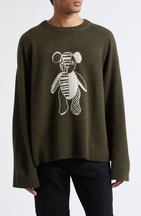 The Elder Statesman Teddy Intarsia Oversize Cashmere Sweater in New Olive/White at Nordstrom, Size X-Large
