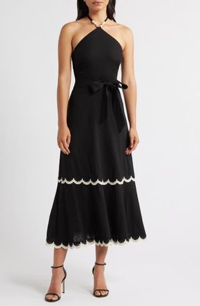 Eliza J Halter Bead Strap Midi Dress in Black Natura at Nordstrom, Size 14