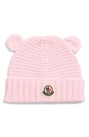Moncler Kids Teddy Bear Logo Patch Virgin Wool Beanie in Pink at Nordstrom, Size Xxx-Small