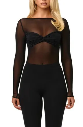Naked Wardrobe Long Sleeve Mesh Bodysuit in Black at Nordstrom, Size X-Large
