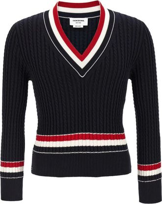 Thom Browne Braid Katoenen Trui - Heren - V-hals truien - Blauw - S - Katoen - Truien & Vesten