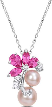 Amour Pink Cultured Freshwater Pearl & 3 1/8 CT TGW Created Pink and White Sapphire Pendant with Chain In Sterling Silver