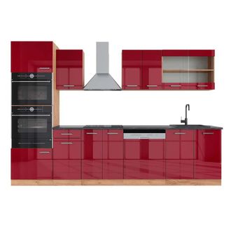 Vicco Mueble De Cocina R-line, Burdeos Brillo Intenso/roble Dorado, 300 Cm Con Armario Alto, Et Antracita, Vicco