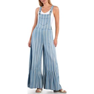 BILLY T Butterfly Ruffle Leg Cotton Blend Overalls in Light Blue Stripes at Nordstrom, Size X-Large