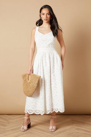 Oasis Womens Embroidered Broderie Midi Dress - White - Size 16 UK