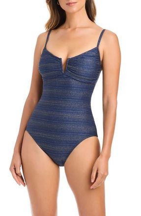 Bleu Rod Beattie Metallic V-Wire One-Piece Swimsuit in Midnight at Nordstrom, Size 14