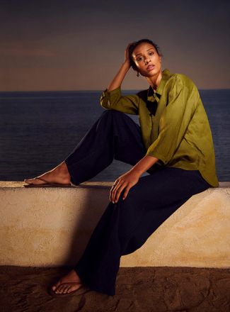 Contemporaine Womens Johnny collar pure linen blouse