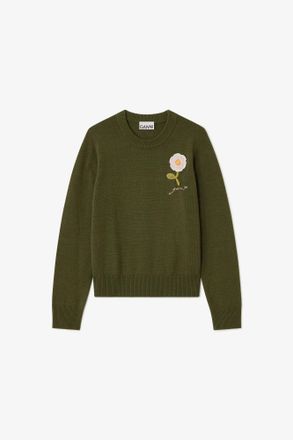 Ganni Green Sweater with Crochet Flower - Size XS Wool