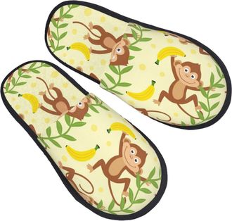 Generic Plush Slippers Monkey Tropical Banana Palm Trees Cozy Cotton Slippers Non-Slip House Shoes For Ladies Spa Room L