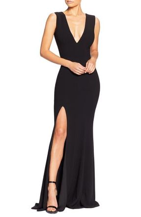 Dress The Population Sandra Plunge Crepe Trumpet Gown in Black at Nordstrom, Size Xx-Small