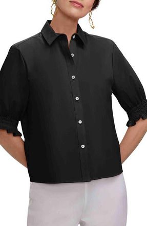 Foxcroft Vivienne Elbow Sleeve Matte Sateen Button-Up Shirt in Black at Nordstrom, Size X-Large