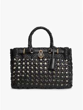 Tommy Hilfiger Womens Woven Leather Mini Tote Bag - Black