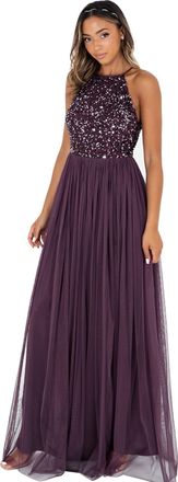 Maya Womens Womens Ladies Maxi Halter Neck Sequin Embellished Prom Graduation Weddi Bridesmaid Dress, Berry, 16 UK