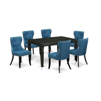 East West Furniture A kitchen table set of 6 excellent parson chairs using Linen Fabric Mineral Blue color and a lovely dining table
