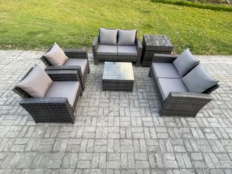 Fimous Rattan Garden Furniture Set 6 Seater Patio Outdoor Lounge Sofa Set with Square Coffee Table Double Seat Sofa Side Table in Dark Grey