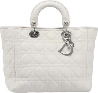 Dior Lady Dior Cannage Quilt Lambskin White Leather Handbag (Pre-Owned)