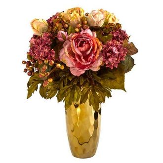 Nearly Natural 19-in Peony Artificial Arrangement in Gold Vase in Pink at Nordstrom