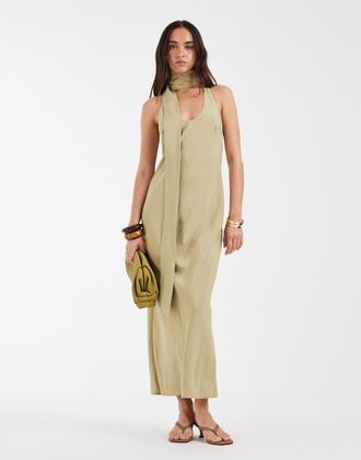 Asos Vestito midi tecnico con scollo rotondo e sciarpa color salvia-Verde